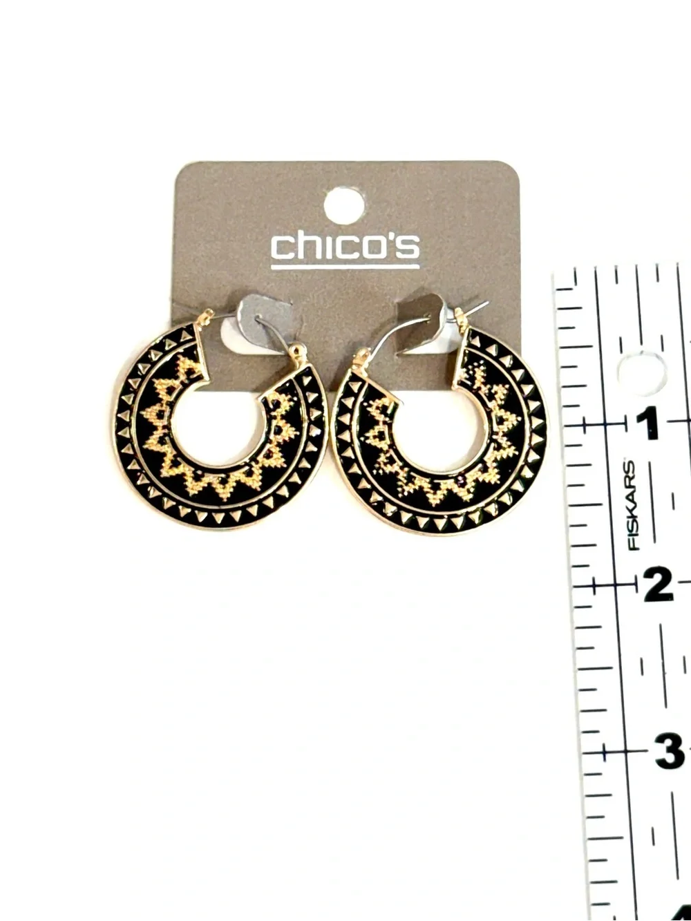 CHICO’S Black Gold Tribal Statement Hoop Earrings NWT